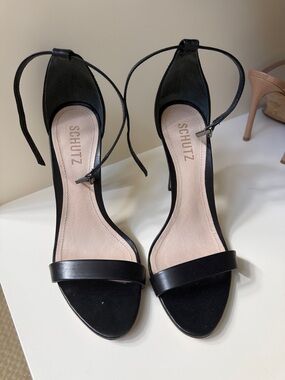 SCHUTZ Black Open-Toe Ankle Strap High Heels
